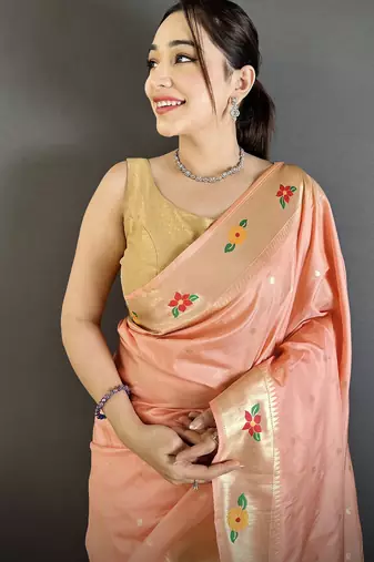 peach lichi silk blend parrot & floral woven design zari weaving paithani saree