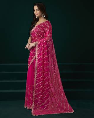 Rani pink net jaal pattern sequence embroidery thread work party wear saree 2