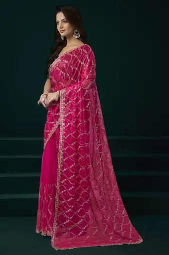 Rani pink net jaal pattern sequence embroidery thread work party wear saree