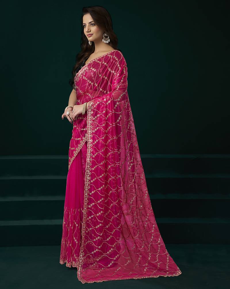 Rani pink net jaal pattern sequence embroidery thread work party wear saree