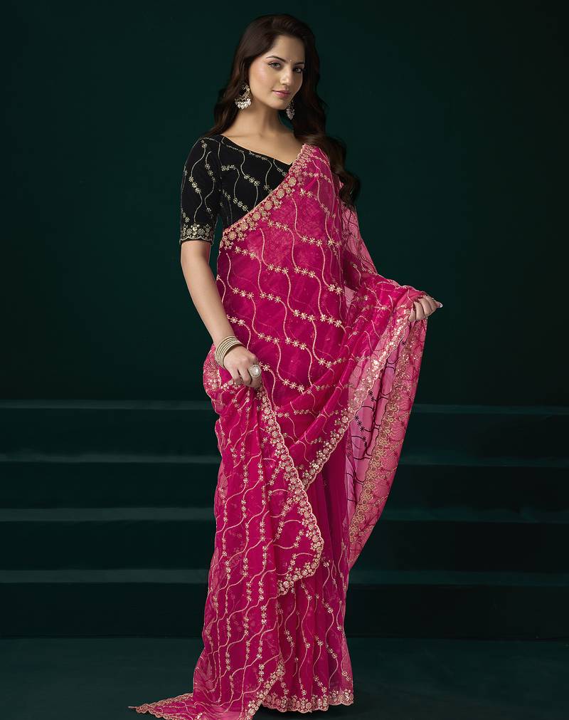 Rani pink net jaal pattern sequence embroidery thread work party wear saree