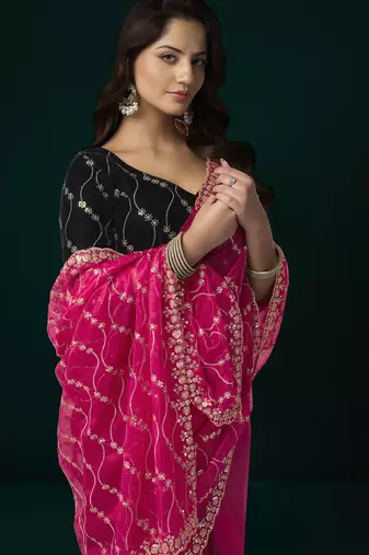 Rani pink net jaal pattern sequence embroidery thread work party wear saree