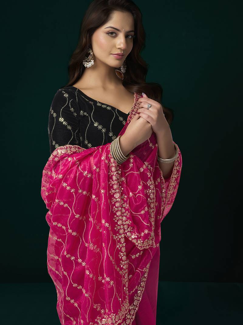 Rani pink net jaal pattern sequence embroidery thread work party wear saree