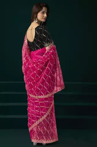 Rani pink net jaal pattern sequence embroidery thread work party wear saree