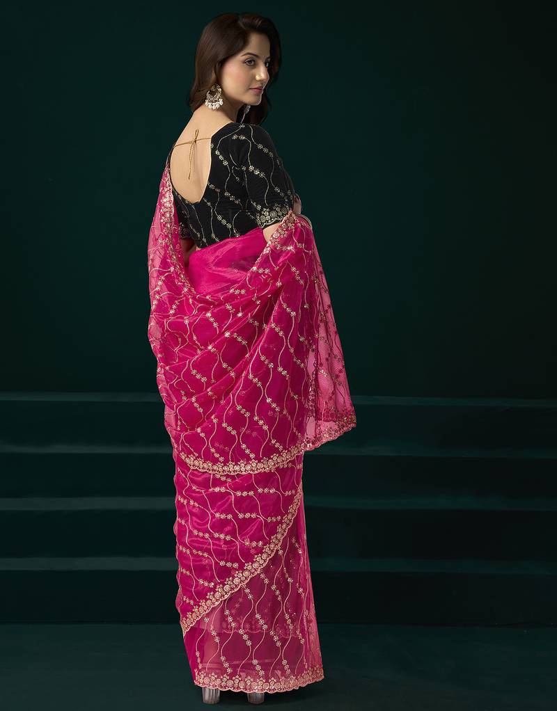 Rani pink net jaal pattern sequence embroidery thread work party wear saree