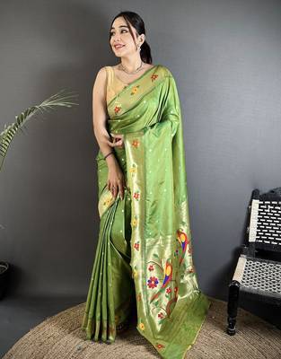 green lichi silk blend parrot & floral woven design zari weaving paithani saree 1