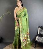 green lichi silk blend parrot & floral woven design zari weaving paithani saree