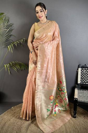 Coral pink tissue parrot & floral woven design paithani saree