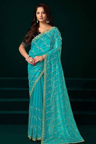 Turquoise net jaal pattern sequence embroidery thread work party wear saree