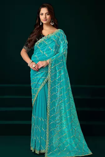Turquoise net jaal pattern sequence embroidery thread work party wear saree
