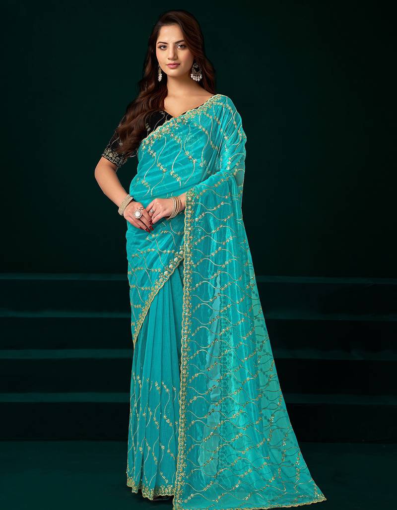 Turquoise net jaal pattern sequence embroidery thread work party wear saree