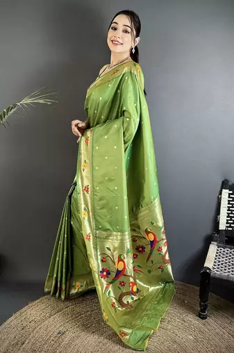 green lichi silk blend parrot & floral woven design zari weaving paithani saree