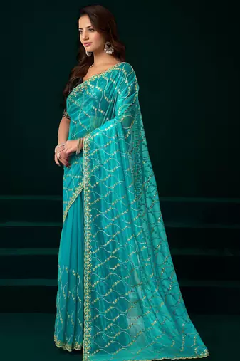 Turquoise net jaal pattern sequence embroidery thread work party wear saree