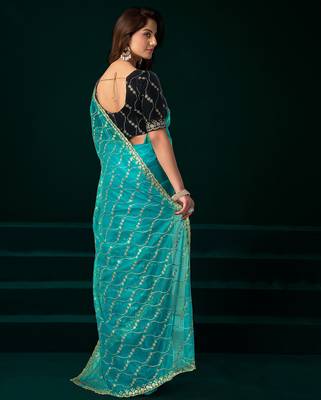 Turquoise net jaal pattern sequence embroidery thread work party wear saree 3