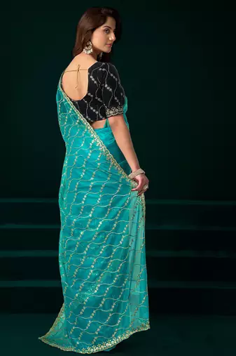 Turquoise net jaal pattern sequence embroidery thread work party wear saree
