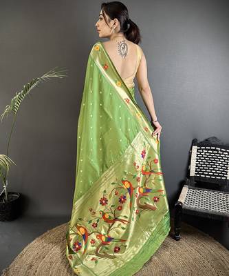 green lichi silk blend parrot & floral woven design zari weaving paithani saree 3