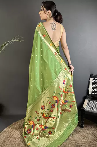 green lichi silk blend parrot & floral woven design zari weaving paithani saree