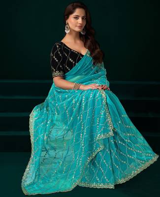 Turquoise net jaal pattern sequence embroidery thread work party wear saree 4