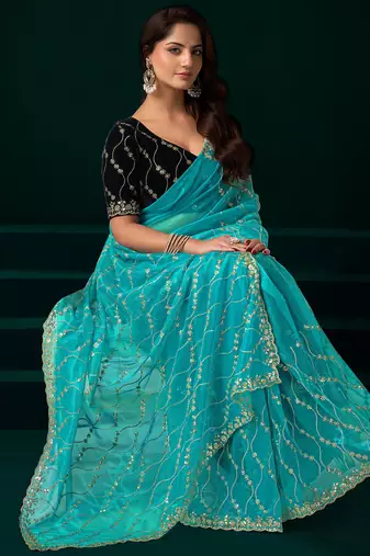 Turquoise net jaal pattern sequence embroidery thread work party wear saree