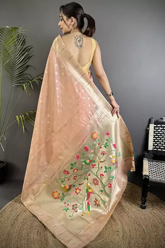 Coral pink tissue parrot & floral woven design paithani saree