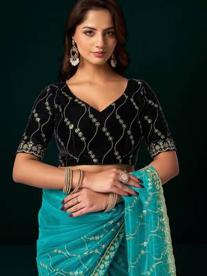 Turquoise net jaal pattern sequence embroidery thread work party wear saree 5