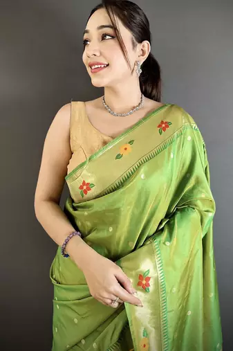 green lichi silk blend parrot & floral woven design zari weaving paithani saree