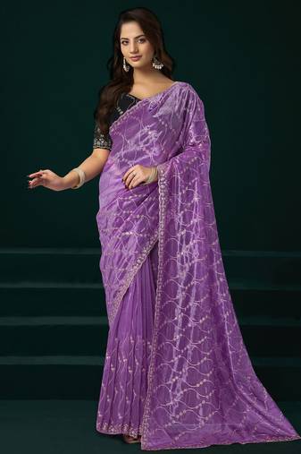 Lavender net jaal pattern sequence embroidery thread work party wear saree