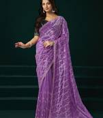 Lavender net jaal pattern sequence embroidery thread work party wear saree
