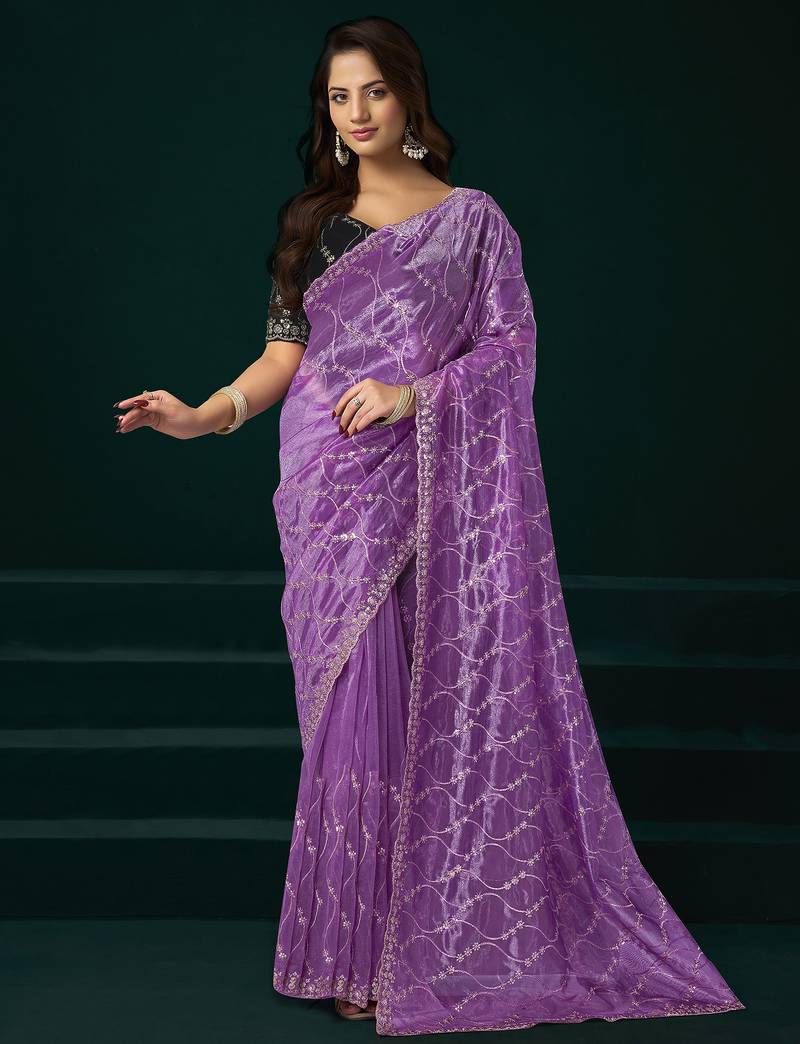 Lavender net jaal pattern sequence embroidery thread work party wear saree
