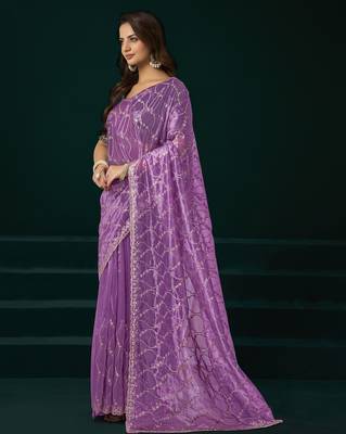 Lavender net jaal pattern sequence embroidery thread work party wear saree 2