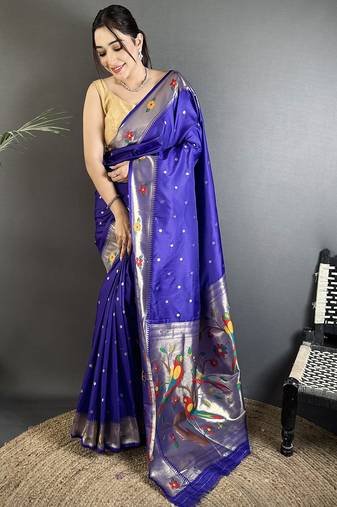 royal blue lichi silk blend parrot & floral woven design zari weaving paithani saree