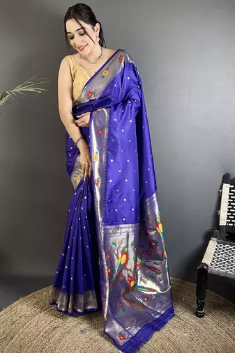 royal blue lichi silk blend parrot & floral woven design zari weaving paithani saree