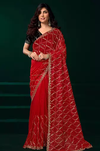 Red net jaal pattern sequence embroidery thread work party wear saree