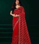 Red net jaal pattern sequence embroidery thread work party wear saree