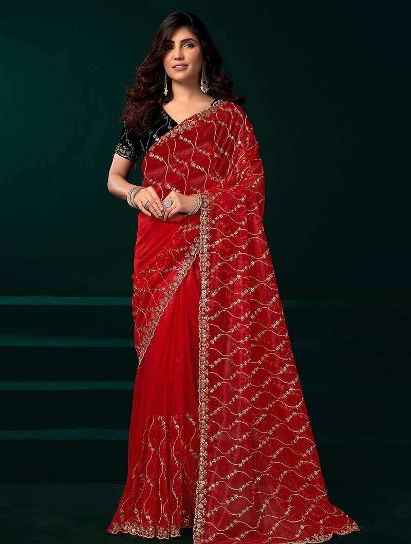 Red net jaal pattern sequence embroidery thread work party wear saree