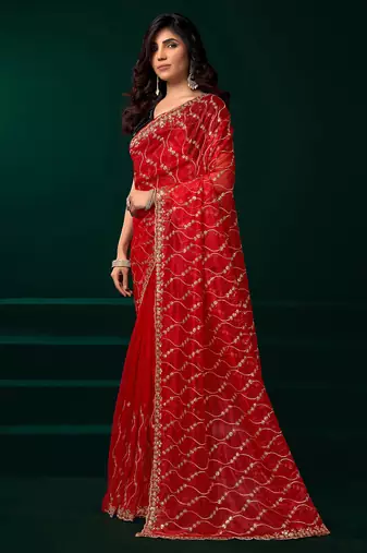 Red net jaal pattern sequence embroidery thread work party wear saree