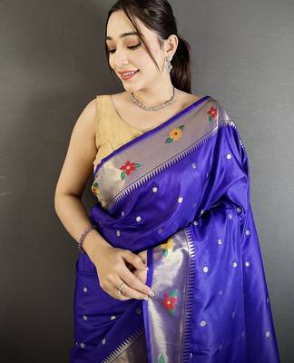 royal blue lichi silk blend parrot & floral woven design zari weaving paithani saree 4