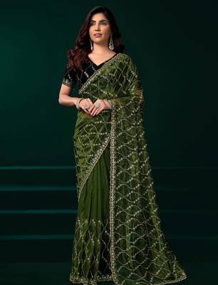 Green net jaal pattern sequence embroidery thread work party wear saree 1