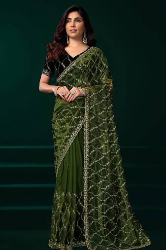 Green net jaal pattern sequence embroidery thread work party wear saree
