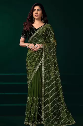 Green net jaal pattern sequence embroidery thread work party wear saree