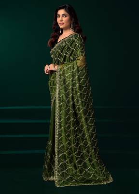 Green net jaal pattern sequence embroidery thread work party wear saree 2