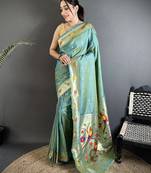 aqua blue lichi silk blend parrot & floral woven design zari weaving paithani saree