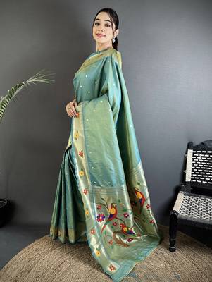 aqua blue lichi silk blend parrot & floral woven design zari weaving paithani saree 2