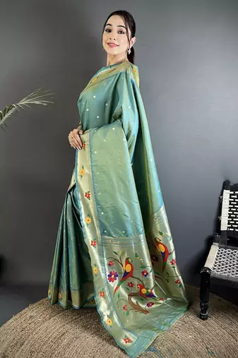 aqua blue lichi silk blend parrot & floral woven design zari weaving paithani saree