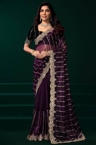 Wine net shimmering lines sequence embroidery party wear saree