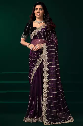Wine net shimmering lines sequence embroidery party wear saree