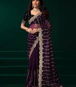 Wine net shimmering lines sequence embroidery party wear saree