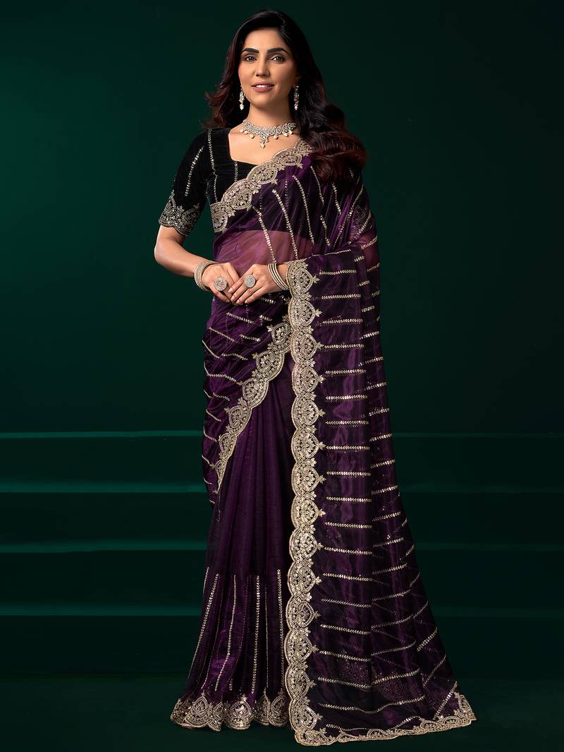 Wine net shimmering lines sequence embroidery party wear saree