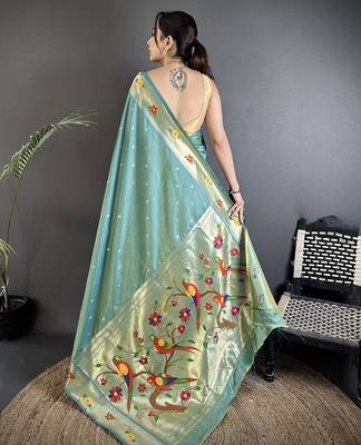 aqua blue lichi silk blend parrot & floral woven design zari weaving paithani saree 3