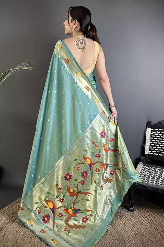 aqua blue lichi silk blend parrot & floral woven design zari weaving paithani saree